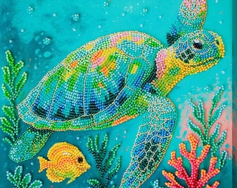Bead Embroidery Kit - Ocean Traveler. Colorful Sea Turtle and Coral Beadwork Design by Abris Art AB-954