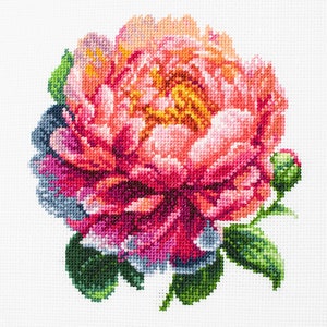May include: A close-up of a pink and white embroidered flower with green leaves. The flower is stitched in a cross-stitch pattern.