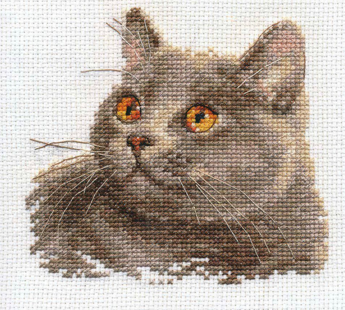 Cat crossstitch kit on Aida 14 count canvas. Monochrome Etsy
