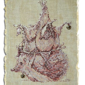 May include: A cross-stitch embroidery of a whimsical house with a pointed roof, perched atop a large, stylized animal, possibly a hedgehog. The house has a window and a door, and the animal has a long snout and a curled tail. The embroidery is framed with a beige linen background.