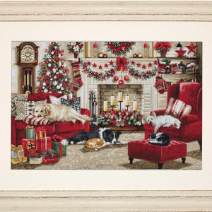 Christmas Interior  - Luca-s counted cross-stitch kit on Zweigart Aida 18 count canvas. Christmas Tree with Cat and Dog BU5013L. Fireplace