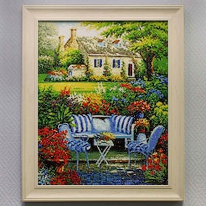 Flower Garden Diamond painting set by Wizardi. Village Landscape WD097 Diamond Art kit. Large Diamond painting kit