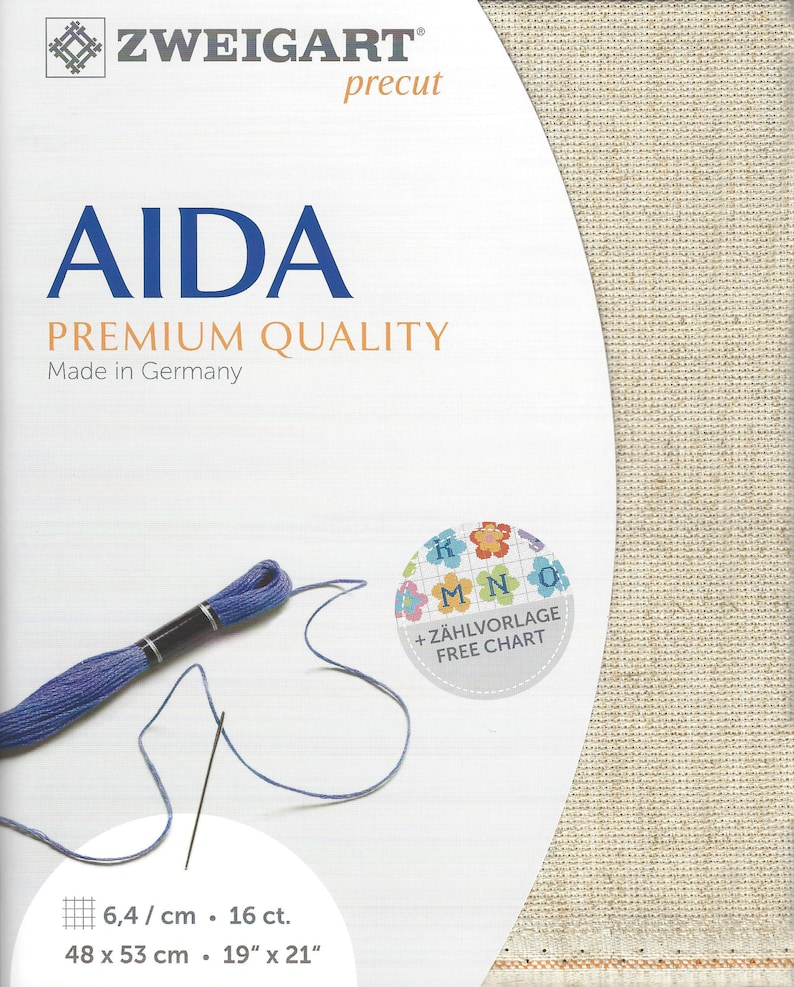 May include: A Zweigart precut Aida fabric package in premium quality, made in Germany. The packaging features the text AIDA, PREMIUM QUALITY, and includes a free chart. It measures 48 x 53 cm or 19 x 21 inches, with 6.4 stitches per cm or 16 ct.