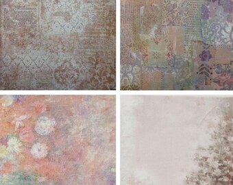 May include: Four abstract art prints with a vintage aesthetic. The top left print features a beige and brown damask pattern. The top right print is a collage of muted colors and textures. The bottom left print has floral elements, and the bottom right print depicts a landscape.