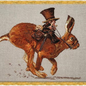 May include: A brown rabbit with a black bridle is being ridden by a small figure wearing a top hat and holding a pipe. The figure is wearing a brown jacket and has a satchel on their back.