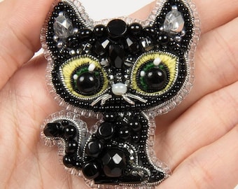 Black Cat DIY Beading Kit. Handmade Jewelry Making Kit. Bead Embroidery Kit. Seed Beeded Kitten Brooch. Charivna Mit BP-330C