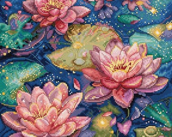 Water Lily Counted Cross Stitch Kit – Tranquil Pond Scene with Vibrant Floating Lotus Flowers by Letistitch L9910