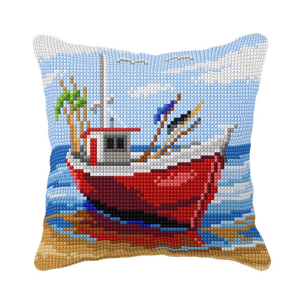Needlepoint Cushion Kit. Coast Marine Boat Printed Tapestry Half stitch kit. Pillow with Sea Ship. Cross Stitch kit by Orchidea 99058