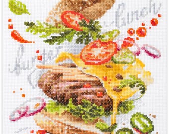 Burger Lunch - Counted Cross-Stitch Kit. Burger Pattern on Aida 14 Count Canvas. Embroidery Kit by Magic Needle 528-556
