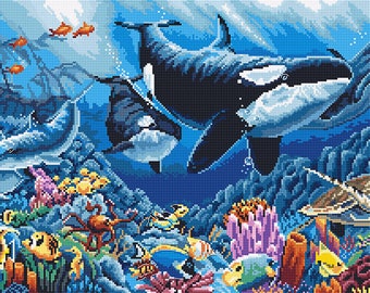 Underwater Animals. Ocean counted cross-stitch kit on Aida 16 count canvas. Sea Dolphin, Whale cross stitch kit. LetiStitch L8073