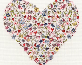 Love Heart - Cross-stitch kit on Aida 14 count canvas. Flowered Love Heart Cross Stitch kit by Bothy Threads XKA1