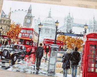 London cross-stitch kit on Zweigart 18 count canvas. City Landscape, Red Bus by Luca-s B2376L