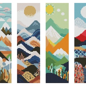 May include: Six vertical cross-stitch patterns featuring stylized landscapes. Designs include mountains, suns, moons, forests, and bodies of water in varied color palettes of pink, blue, orange, green, red, and dark tones with geometric pixelated textures.