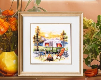 Kit de punto de cruz contado - Nuestro fin de semana. Paisaje natural con caravana, con patrón de bordado de Magic Needle 70-26
