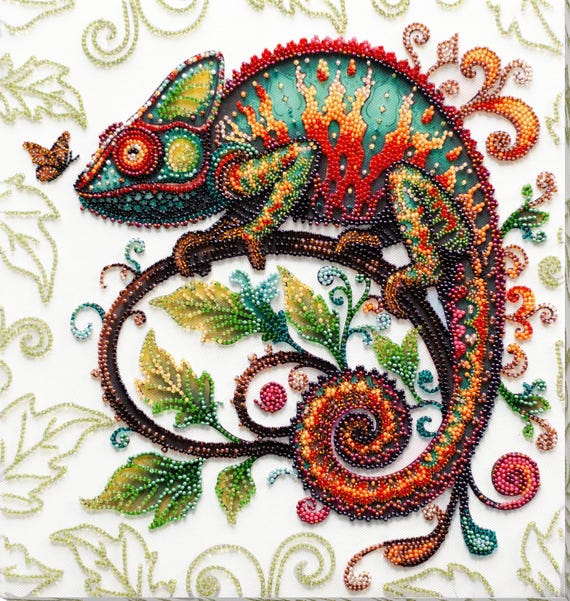 The Master of Reincarnations Beaded Embroidery Kit on Fabric. DIY Chameleon Beadwork Kit for Handmade Art by Abris Art AB-936