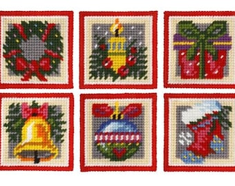 Christmas Tree Coaster Kit for Cups - Needlepoint halfstitch on the plastic canvas 6 patterns. Christmas Bell, Stocking Orchidea 5106