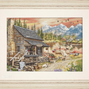 Cabin in the Woods. Country House with Mountains cross-stitch kit on Aida 18 count canvas. Hut near Lake Cross Stitch kit by Luca-s B2413L