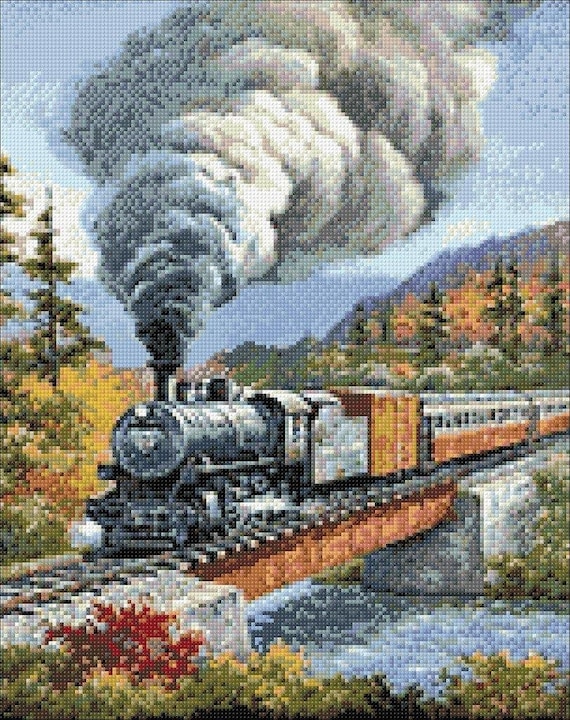 Train Crossing Diamond Painting Set by Wizardi. WD098 Diamond Art Kit.  Large Diamond Painting Kit 