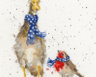 Duck with Scarf. Christmas cross-stitch kit on Aida 14 count canvas. Village Animal and Bullfinch cross stitch kit Bothy Threads XHD54