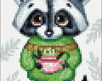 Raccoon with Coffee Diamond painting set by Wizardi. Fantasy Diamond Art Beginner kit. Easy Diamond painting kit CS2701