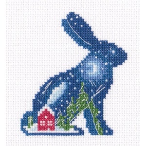 Christmas Rabbit. Bedtime story cross-stitch kit on Aida 14 count canvas. Winter House and Bunny cross stitch kit RTO EH381