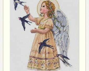 Cross-Stitch Kit 'Summer Vibes' - Angel with Swallows. Summer Embroidery Pattern on Aida 16 Count Canvas by Merejka K-258A