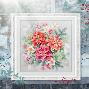 Flower Magic. Poinsettia - Counted Cross-Stitch Kit. Floral Pattern on Aida 14 Count Canvas. Flowers Embroidery Kit by Magic Needle 214-273