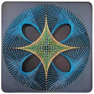 May include: A square string art piece featuring a circular arrangement of nails connected by vibrant blue, green, and gold threads. The threads create a complex geometric pattern with a central four-pointed star shape against a dark background.