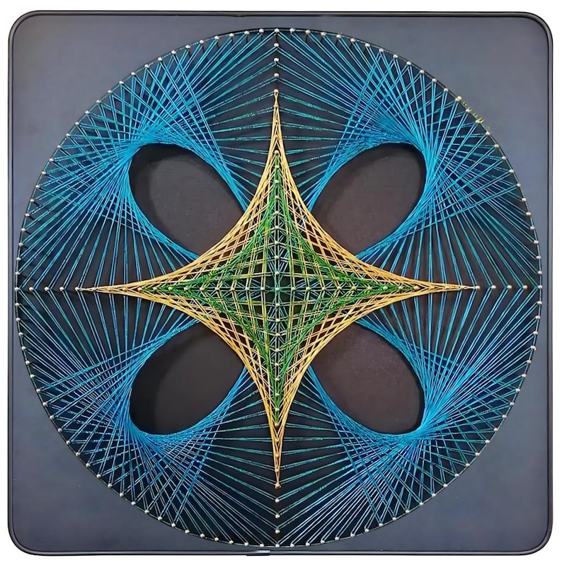 May include: A square string art piece featuring a circular arrangement of nails connected by vibrant blue, green, and gold threads. The threads create a complex geometric pattern with a central four-pointed star shape against a dark background.