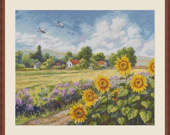 Counted Cross-stitch Kit - The Way Home. Scenic Pathway and Sunflowers Embroidery Pattern. DIY Nature Craft for Home Decor by Merejka K-273