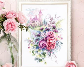 The Old Castle - Counted Cross-Stitch Kit. Floral Pattern on Aida 14 Count Canvas. Embroidery Kit by Magic Needle 210-210