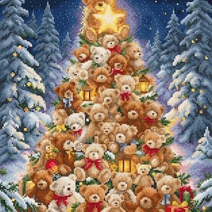 May include: A cross-stitch pattern depicting a Christmas tree constructed from numerous brown and white teddy bears. The bears are adorned with red and blue ribbons, surrounded by snowy pine trees under a dark starry night sky.