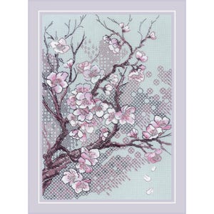 May include: Cross-stitch art featuring a flowering cherry blossom branch with pink blossoms and brown branches against a light blue background. The design includes a patterned background and a lavender border.