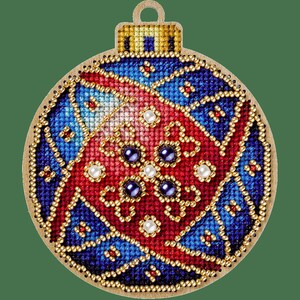 May include: A round, wooden Christmas bauble with a red, blue and gold beaded design. The bauble features a red and white beaded pattern with black and white beads in the centre.