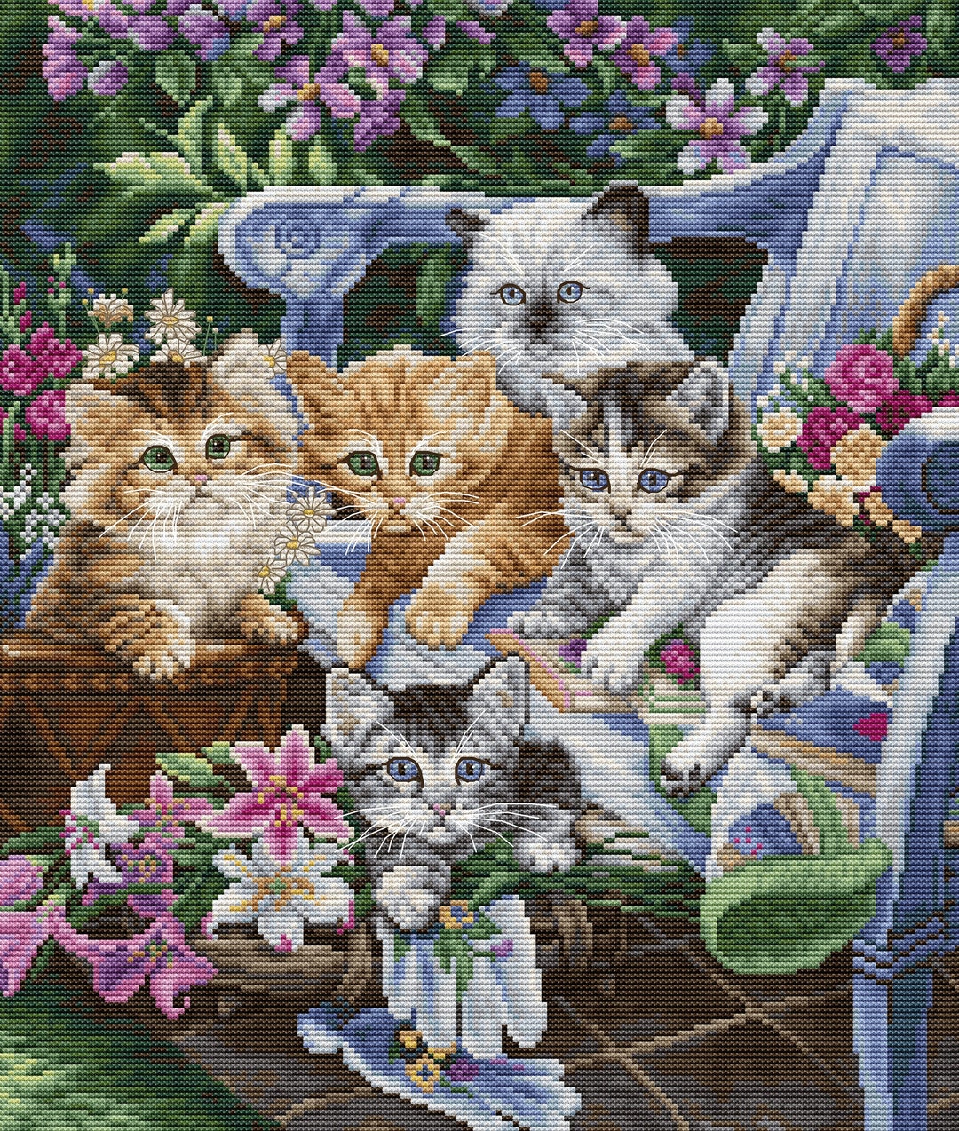 Cute Cats in the Garden Cross Stitch Kit. Kittens Cross Stitch