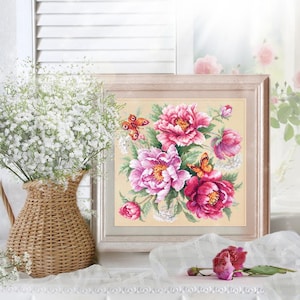Flower Magic. Peonies - Counted Cross-Stitch Kit. Floral Pattern on Aida 14 Count Canvas. Pink Flower Embroidery Kit by Magic Needle 140-001