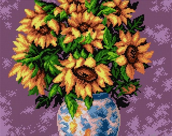 Sunflowers. Needlepoint Canvas for Half Stitch without Yarn. Printed Tapestry Canvas Yellow Flowers. Orchidea 2153M