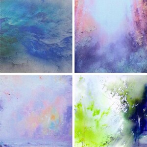 May include: A collage of four abstract watercolour paintings. The top left painting features a blue and green watercolour wash with a white background. The top right painting features a pink and purple watercolour wash with a white background. The bottom left painting features a purple and pink watercolour wash with a white background. The bottom right painting features a green and blue watercolour wash with a white background.