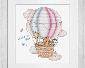 Have a Nice Trip Baby Sampler Cross-stitch on Aida 16 count canvas. Balloon with Giraffe and Tiger by Luca-s B1191L