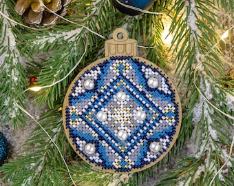 Christmas Blue Ball Bead Embroidery Kit on Wood kit - Winter beading embroidery kit. Wonderland Crafts FLK-311