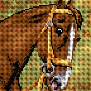 Chesnut Horse in the Field Needlepoint Canvas for Half Stitch without Yarn. Village Animal Printed Tapestry Canvas. Orchidea 2197F