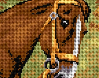 Chesnut Horse in the Field Needlepoint Canvas for Half Stitch without Yarn. Village Animal Printed Tapestry Canvas. Orchidea 2197F