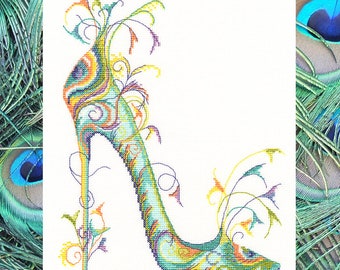 Proud as Peacock Slipper. Sally King cross-stitch kit on Aida 14 count canvas.  Heel cross stitch kit Bothy Threads XSK1