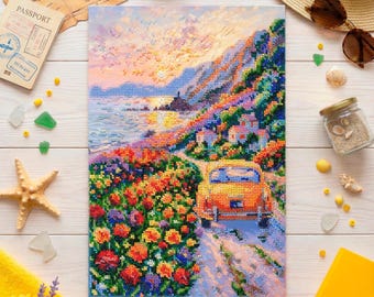 Bead Embroidery Kit - Twilight Over the Sea. Coastal Road Embroidery Pattern by Abris Art AB-968