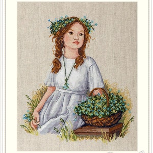 Forget-Me-Not - Counted Cross-Stitch Kit on Aida 16 Count Canvas. Girl in White with Flowers. Cross Stitch kit by Merejka K-143A