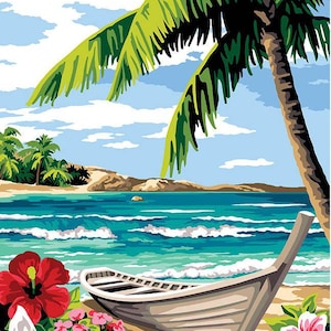 May include: A painting of a tropical beach scene with a wooden boat on the shore. The boat is under a palm tree with green leaves. There are pink and white flowers in the foreground.