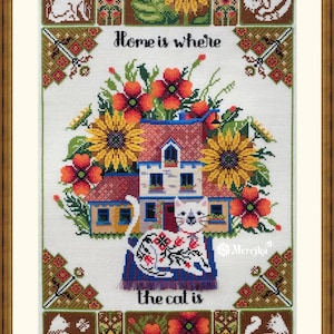 Home is where the cat is - Counted Cross-Stitch Kit on Aida 16 Count Canvas. House with Cat Cross Stitch kit by Merejka K-220