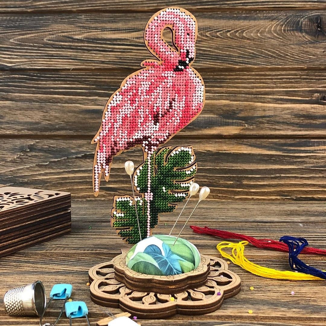 Bead Embroidery Flamingo Pincushion Animal Plywood Pin Cushion by Wonderland Crafts Needle
