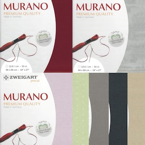 May include: Four fabric swatches for cross-stitch embroidery. The swatches are in shades of pink, green, gray, and beige. Each swatch is labeled "Murano Premium Quality" and includes the dimensions 12.6/cm 32 ct. 48 x 68 cm 19" x 27".
