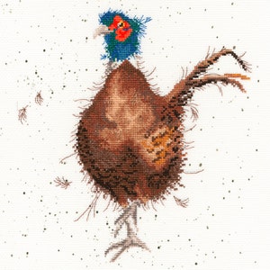 May include: A brown and white pheasant with a blue and red head stands on a white background with small gray dots.
